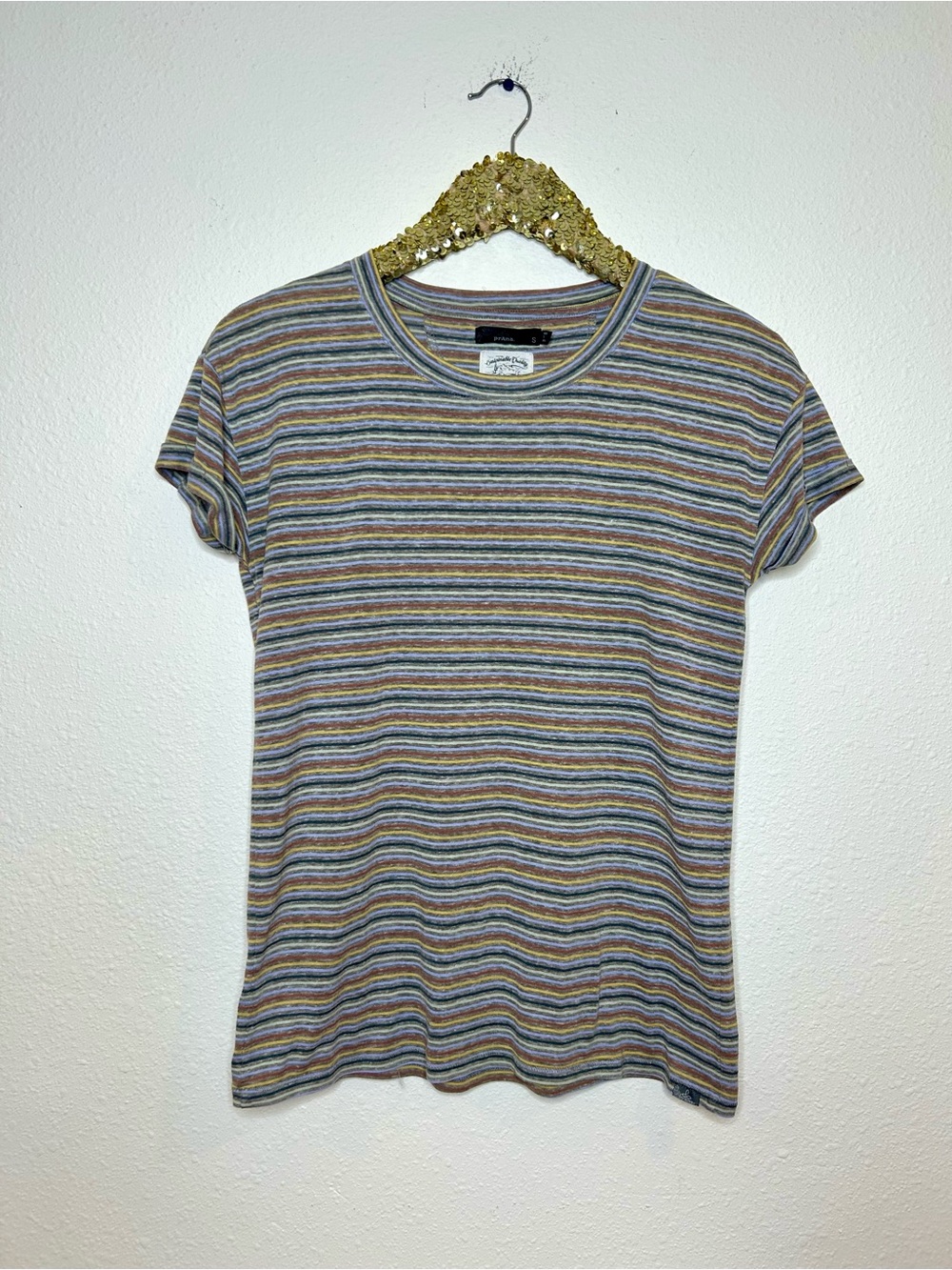 Prana Striped Rolled Cap Sleeve Crewneck Tee S